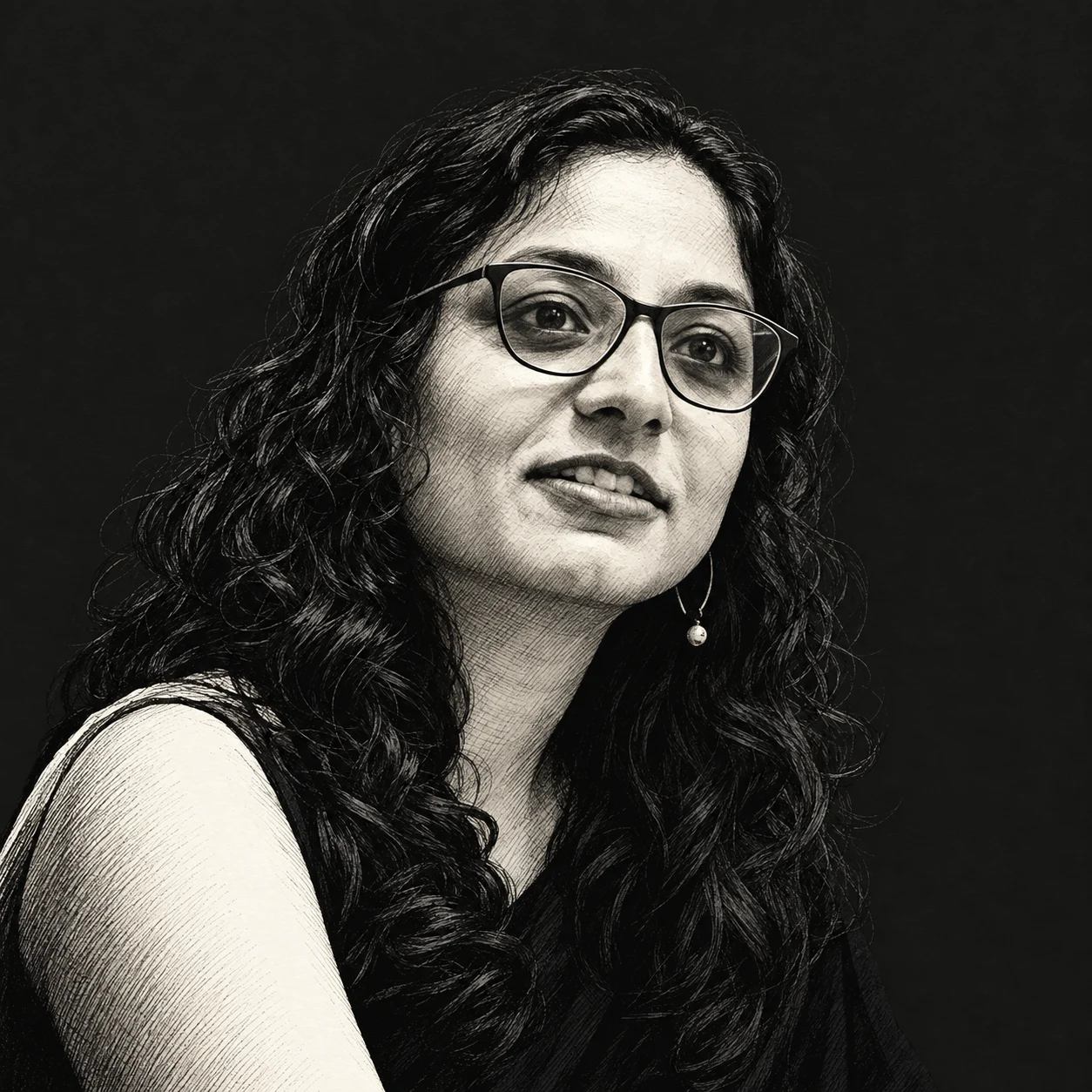Black-and-white illustrated portrait of Ashlin Mathew